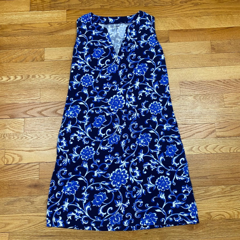 Lands End Floral Shift Dress Women XS Blue Sleeveless‎ Preppy Cotton Coastal